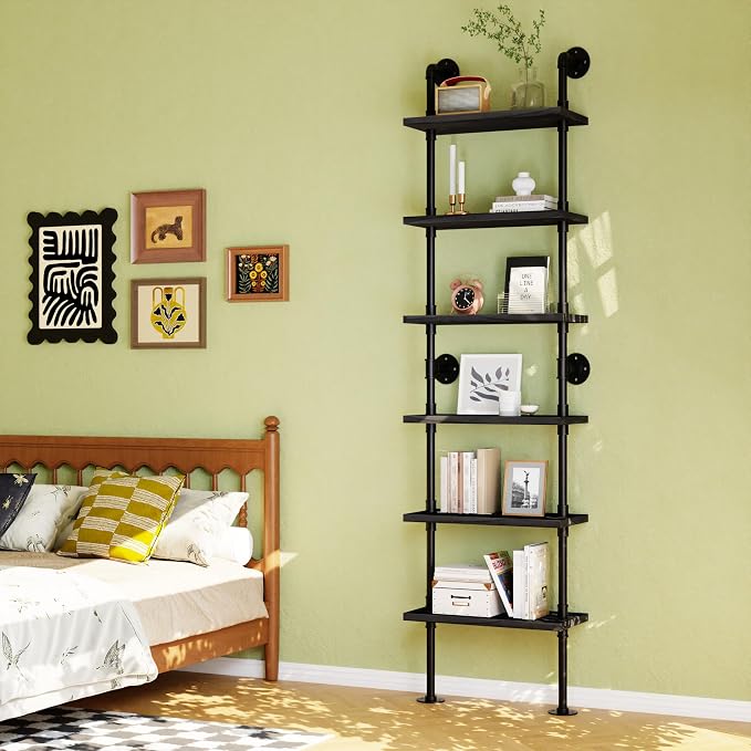Industrial Ladder Pipe Shelves, Wall Mounted Wood Metal Rustic Bookshelf for Living Room (Black, 6 Tier - 10" D x 24" W x 82.5" H)