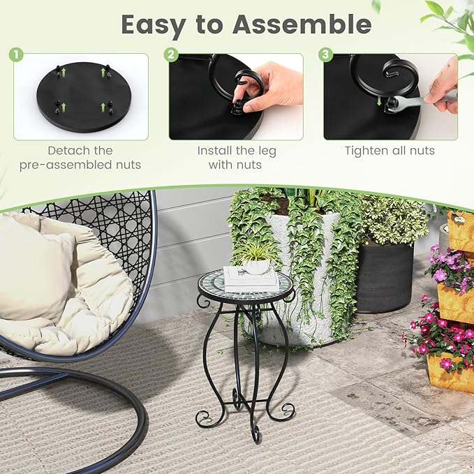 Giantex Outdoor Side Table, Mosaic Patio Table, 12 inch Accent Table Plant Stand Indoor, Ceramic Tile Top Metal Frame, Small End Table Porch Beach Patio Garden Balcony Poolside (Wave)