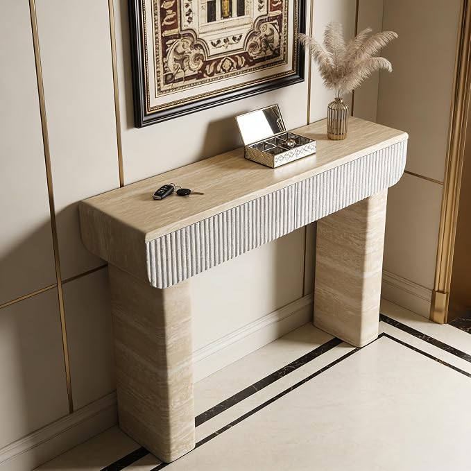 Faux Mars Marble Pattern Console Table with 2 Drawers, 47.2" Skinny Long Sofa Table Behind Couch with Rounded Edges, Wooden Narrow Sofa Table Hall Table for Living Room Foyer Entrance, Marble