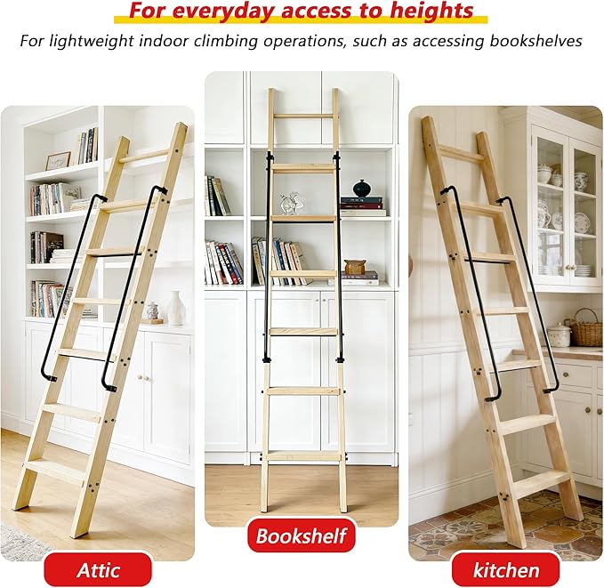 108in Attic Rolling Library Ladder, 9 Step Wooden Ladder with,Loft Ladder Bookshelf,Wall Stairs Red Oak Stair Platform Bunkbed Ladder,for Home Kitchen,Warehouses,Bookstore,DIY Stain