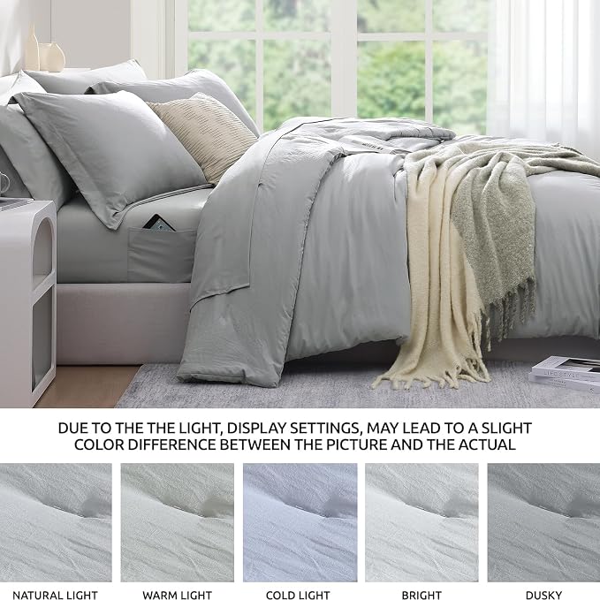WRENSONGE Light Grey King Size Comforter Set- 7 Pieces Soft Microfiber King Size Comforter with Fitted Sheet, Flat Sheet, 2 Pillow Shams, and 2 Pillowcases- Warm King Bedding Set for All Season
