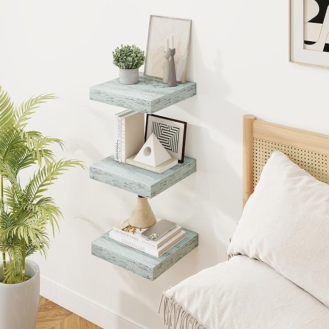 Marsmiles Square Floating Shelves for Wall, 12" W x 12" D x 1.5" H, 3 Pack Small Wall Mounted Engineered Wood Shelves with Invisible Brackets for Living Room, Bedroom, Bathroom, Kitchen Decor, Blue