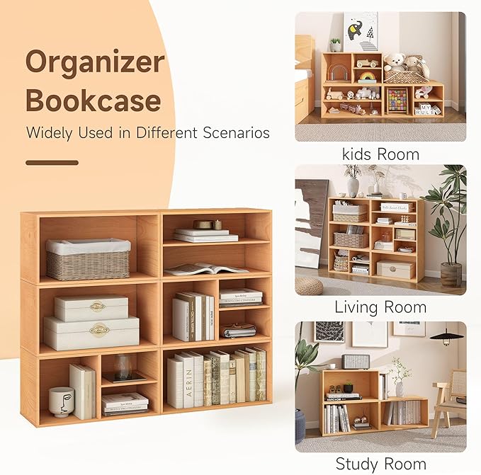 3 Cube Organizer Bookcase, Expandable Storage Shelves, Wooden Open Shelving Unit Book Shelf for Living Room, Office, Bedroom, Mid-Century Style Wood Furniture, Beech Color (1 Set)