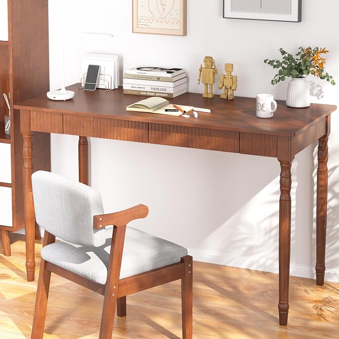 100% Solid Wood Desk with Drawers - 47.2” x 21.7” Mid Century Modern Desks, Vintage Writing Desk with Drawers, Simple Work Study Table, Home Office Computer Desks for Any Room - Walnut Color