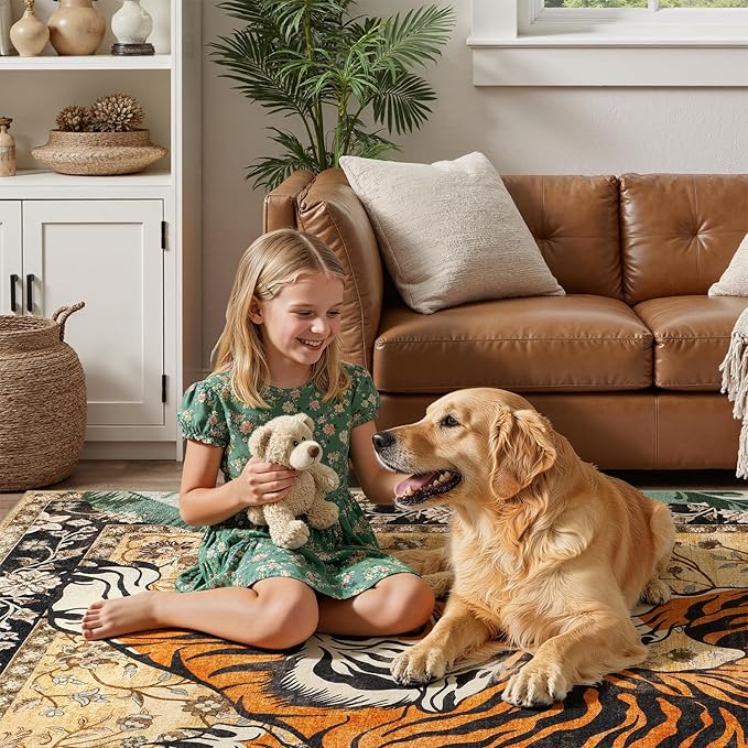 DCX Washable 6x9 Tiger Area Rug, Brown Vintage Animal Rug for Living Room, Soft Low Pile Carpet, Kid & Pet Friendly with Rubber Back Non Slip, Stain Resistant Rug for Bedroom Dining Room Office