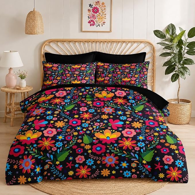 Nesker 5 Pcs Comforter Set Twin Size, Mexican Floral Flower Bedding Set for Kids and Adults, Retro Red Beautiful Bed Sheet Sets with Fitted Sheet Pillowcases & Shams