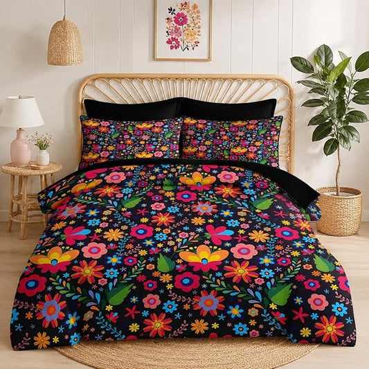 Nesker 5 Pcs Comforter Set Twin Size, Mexican Floral Flower Bedding Set for Kids and Adults, Retro Red Beautiful Bed Sheet Sets with Fitted Sheet Pillowcases & Shams
