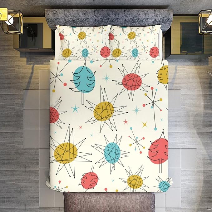 Mid Century Duvet Cover Queen Retro Atomic Bedding Set, Rainbow Grid Comforter Cover Vintage Fifties 1950s Bed Set，Abstract Art Bedding 3 Piece (1 Duvet Cover 102"x90" + 2 Pillow Sham 20"x30")