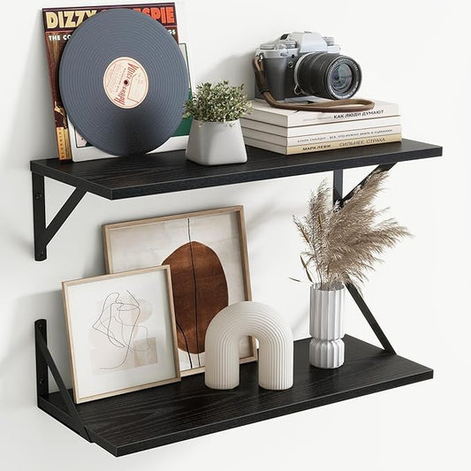 Floating Shelves for Wall Decor,24" Wx8 D Wall Mount Floating Bookshelf Set of 2,Hanging Storage Shelf with Sturdy Metal Brackets,Wooden Shelf for Living Room,Bedroom,Bathroom,Black
