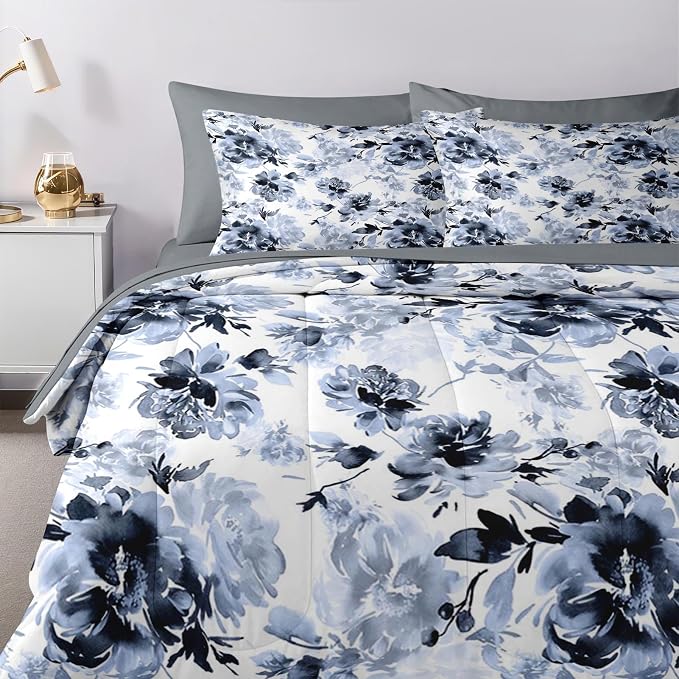 Nesker Comforter Set Full Size, Navy Blue Floral 7 Pcs Bedding for Kids and Adults, Blue White Abstract Bed Sheet Sets with Fitted Sheet 2 Pillowcases & 2 Shams