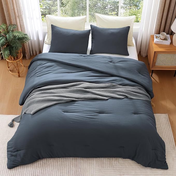 WRENSONGE California King Comforter Set - 3 Pieces Prewashed Blue Grey Comforter Soft Lightweight for All Seasons,Down Alternative Comforters California King Size with 2 Pillow Shams