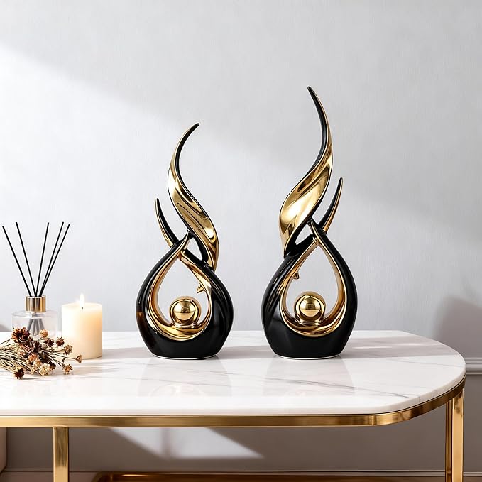 DOVDOV 2-Piece Abstract Black and Gold Home Decor, Ceramic Abstract Sculpture, Modern Artwork, Suitable for Room Coffee Table countertops, Office Bookshelves, Dining Table Centers, entryway Decor.