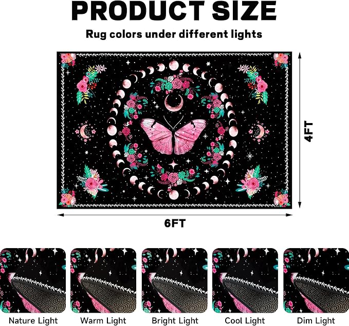 Pink Butterfly Area Rug 4'x6' Moon Phase Floral Rugs for Bedroom Living Room Kitchen Nursery Playroom Home Decor Boho Gothic Butterfly Carpet Non-Slip Washable Floor Mat