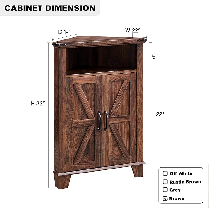 ACCOHOHO Corner Bathroom Cabinet, Farmhouse Small Cabinet with Barn Door & Adjustable Shelf, Storage Cabinets for Bathroom, Kitchen & Living Room, Brown