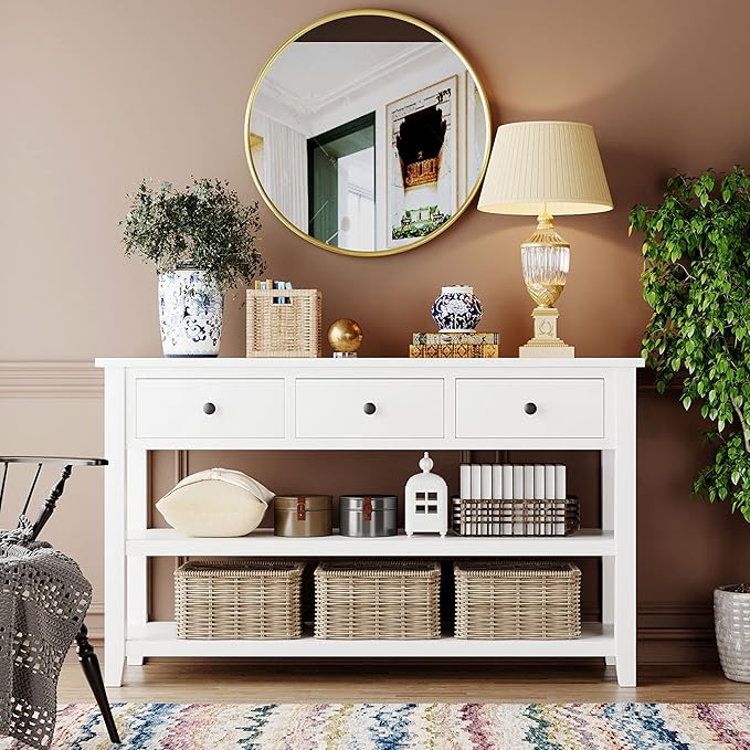 LUMISOL Long Console Table with 3 Storage Drawers, Solid Wood Sofa Table with Storage & Open Shelves, Retro Entryway Tables for Hallway Living Room, 50''L x 16''W x 30.2''H (Antique White)