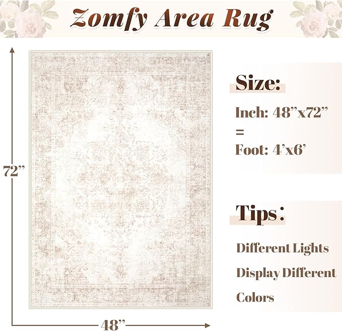 Area Rug 4x6 Vintage Rug: Washable Indoor Medallion Rugs Low Pile Distressed Floor Carpet Retro Accent Rug for Living Room Bedroom Kitchen Dining Table Home Office(Retro Beige, 4'x6')