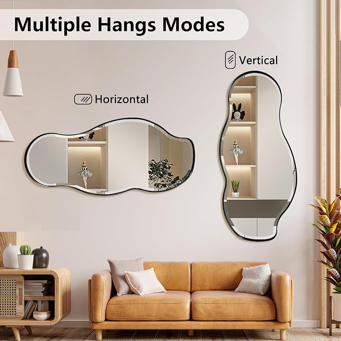POZINO Large Irregular Beveled Mirror, 63"x28.5" Asymmetrical Accent Wall Mirror with Metal Frame, Organic Full Length Mirrors for Entryway Hallway Living Room Bedroom, Horizontal/Vertical Hanging