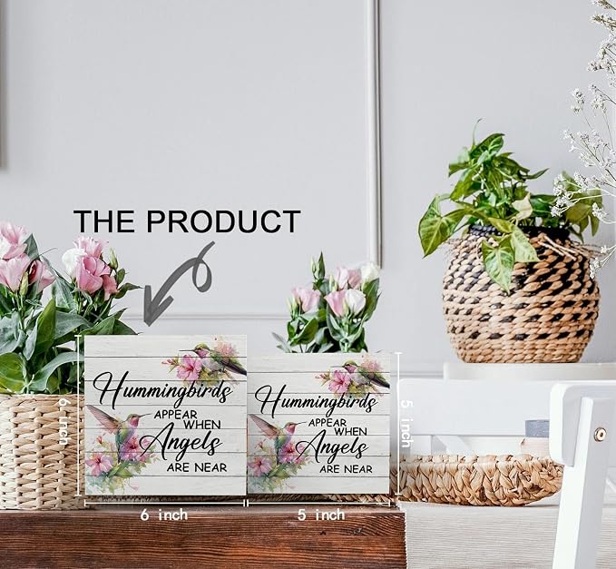 Hummingbird Decor, Hummingbird Gifts For Women, Hummingbirds Appear When Angels Are Near Wooden Box Signs, Farmhouse Floral Bird Wood Decoration Home Decor For Desk Table Shelf 6x6 Inch Decorative Signs & Plaques