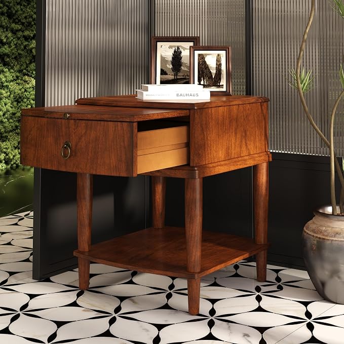 2-Set Traditional Wood End Table with Drawer and Storage Shelf, Hardwood Beside Table with Pull-Out Divider, Modern Vintage Sofa Chair Side Table Nightstand for Living Room Bedroom, Cherry Brown