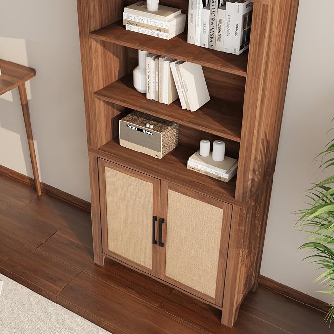 Janmer Home 71" Tall Arched Bookcase with Storage, Modern 6-Tier Cabinet with Door, Arched Bookshelf Cabinet with Open Display Storage Shelf for Living Room (Walnut,)