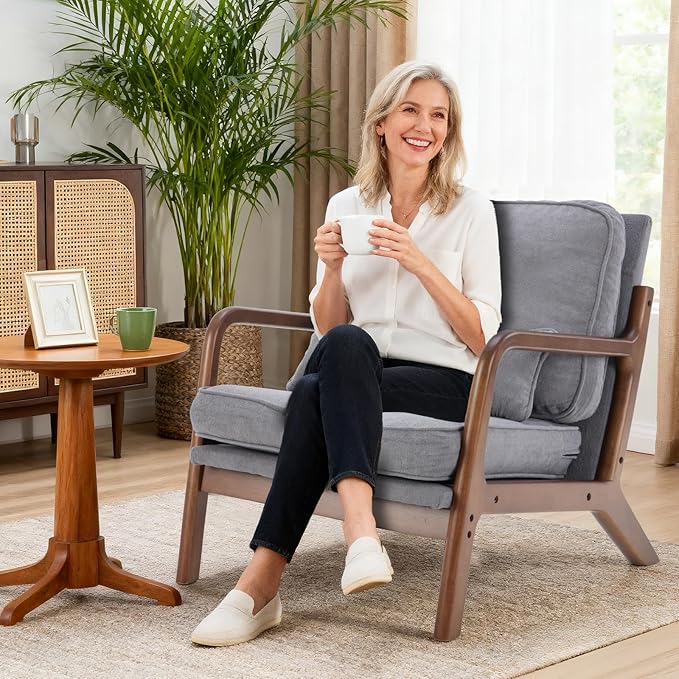 DUMOS Accent Chair Mid Century Modern Chair with Arms and Waist Cushion, Reading Chairs for Adults with Solid Frame, Lounge Side Sitting Armchair for Living Room, Bedroom, Balcony, Light Grey