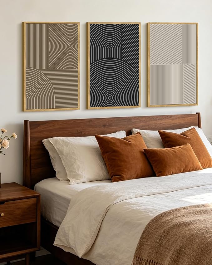KUVIOKE Minimalist Abstract Boho Framed Wall Art Modern Mid-Century Bohemain Neutral Line Wall Decor Geometric Artwork Bedroom Decor 16x24in (Natural Framed)