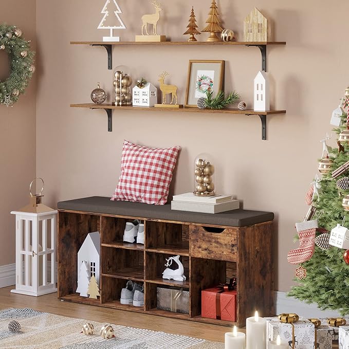 DINZI LVJ Long Wall Shelves, 47.3Inch Wall Mounted Shelves Set of 4, Extra Large Floating Storage Ledges with Sturdy Metal Brackets for Living Room, Bathroom, Bedroom, Kitchen, Rustic Brown
