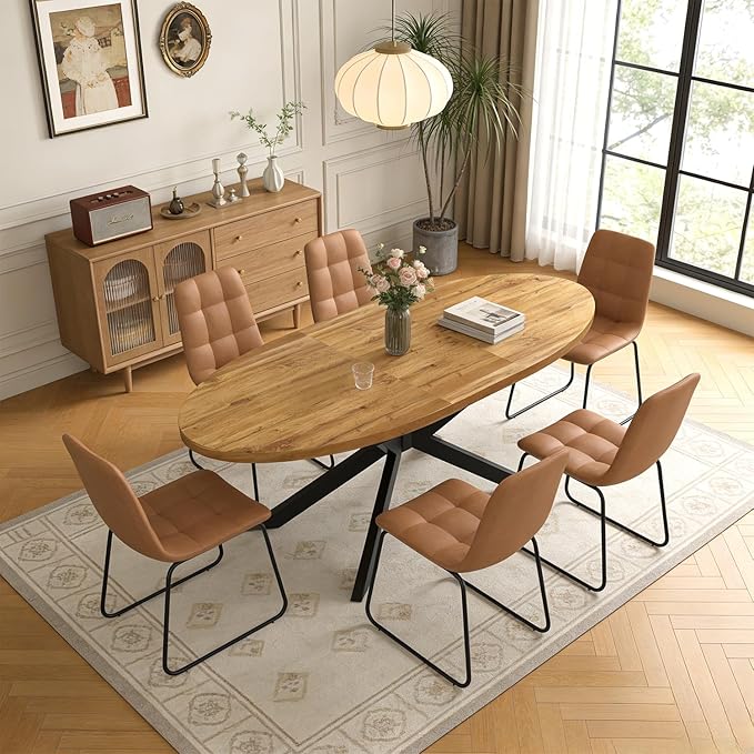 63"-78.7" Extendable Round Dining Table Set for 6, 7 Piece Mid Century Modern Oval Kitchen Table Set, Large Dining Table with 6 Dining Chairs for Living Room Space Saving（Walnut Table+6 Brown Chairs)