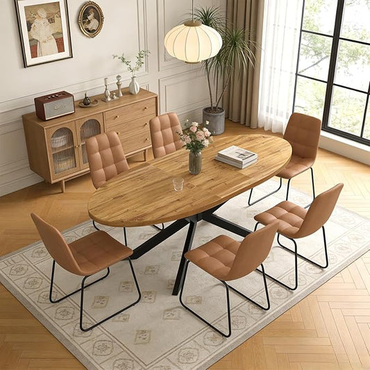 63"-78.7" Extendable Round Dining Table Set for 6, 7 Piece Mid Century Modern Oval Kitchen Table Set, Large Dining Table with 6 Dining Chairs for Living Room Space Saving（Walnut Table+6 Brown Chairs)