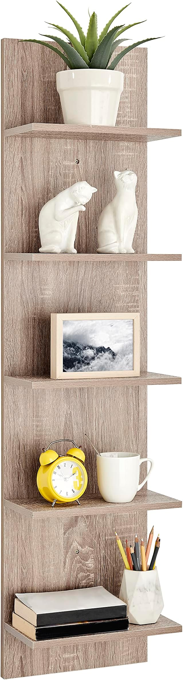 Danya B. Narrow Decorative Wall Mount Vertical Shelving Unit – Modern Column with 5 Shelves Home or Office for Books, Décor Display (Oak)