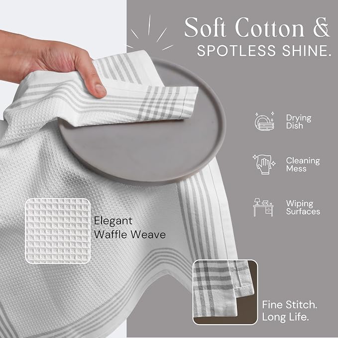 Waffle White & Grey Kitchen Towels 4 Pack, 100% Cotton, 16x26 inches, Quick Drying Dish Cloths, Absorbent Bar Mop Towels, Durable Kitchen Dishcloths Set for Daily Use
