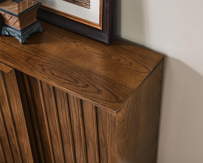 LKTART Mid Century Modern Sideboard Buffet Cabinet with 2 Fluted Sliding Door,Small Storage Cabinet with Outlet Holes for Living Room, Kitchen, Entryway, Hallway 32" Walnut