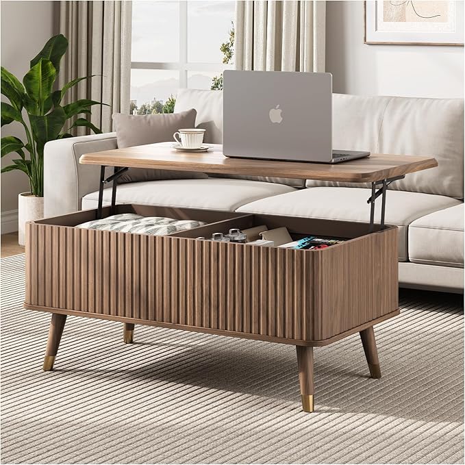Lift Top Coffee Table with Storage, Mid Century Modern Fluted Wood Design,Pop-Up Walnut Center Table with Hidden Compartment for Living Room & Home Office Work/Dining