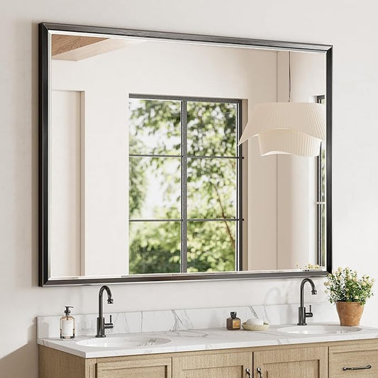 48 x 36 Black Framed Mirror for Bathroom, Beveled Black Bathroom Vanity Mirror Anti-Rust, Shatterproof Matte Black Rectangle Metal Frame Mirror, Vertical/Horizontal Large Wall-Mounted Mirrors