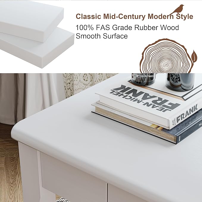 Solid Wooden Desk with Drawers - 32 x 16 Inch Narrow Desks for Small Spaces, Rubberwood Simple Study Table, Small Writing Desk for Bedroom - Modern White Desks