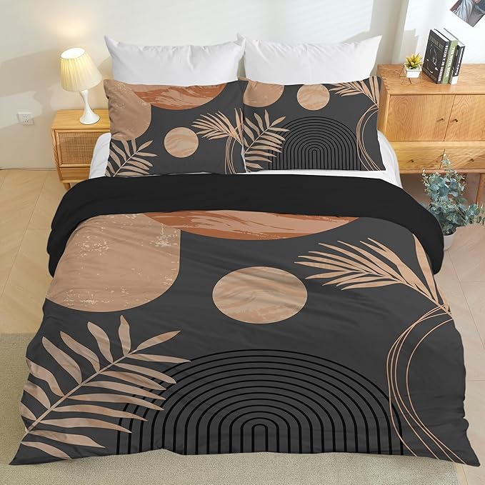 Hilioens Duvet Cover Abstract Arch Sun Modern Mid Century Boho Bedding Sets for All Seasons, 3 Pieces Home Bedroom Decorations Soft Microfiber(King,Brown