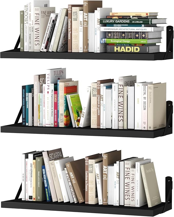 upsimples Floating Book Shelves for Wall, 23.6 Inches Floating Wood Shelves for Living Room, Laundry Room, Bedroom, Office Organizer and Storage, Black
