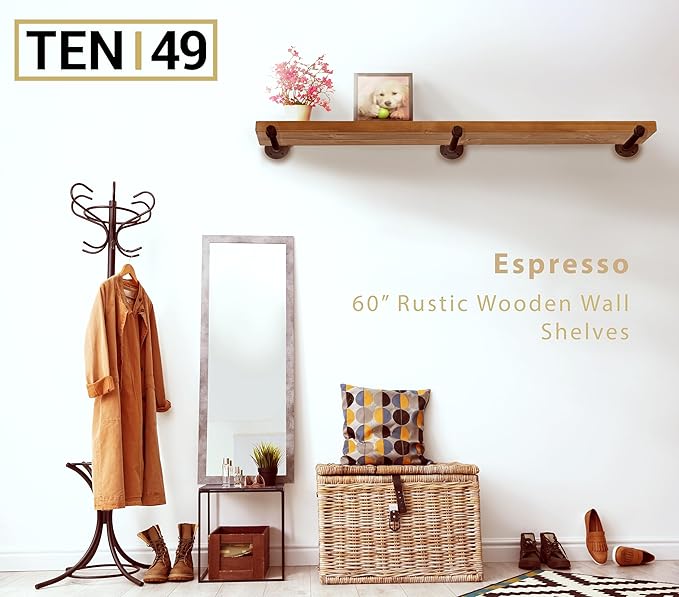 TEN49 Real Wood Rustic Floating Shelves Wall - 60 Wide Small Wooden Industrial Pipe Shelving 1.8 Thick - Farmhouse Pipe Wall Shelves Furniture Bathroom Decor Art Shelf - Dark Espresso Color - Set of 2