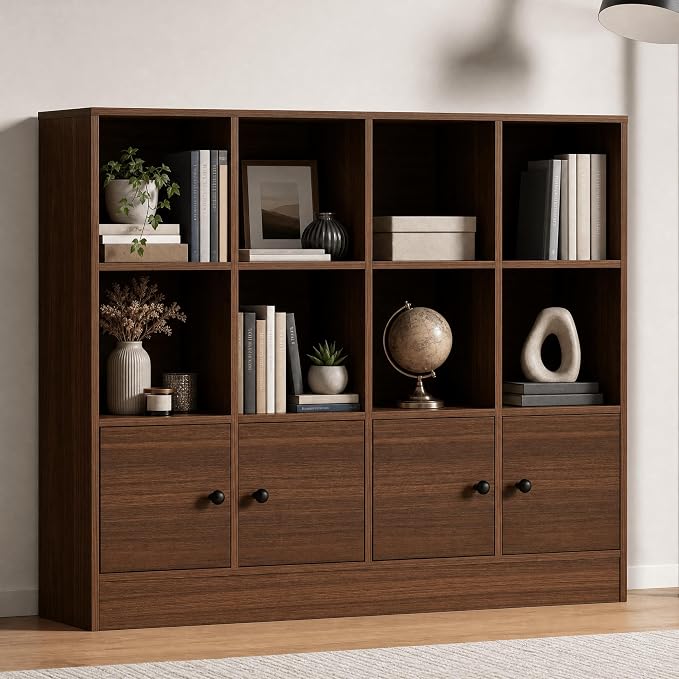 Cozy Castle Brown Wood Bookcase, 12 Cube Display Shelf with 4 Doors, 3 Tier Open Bookshelf with Adjustable Shelves for Living Room, Home Office, Entryway