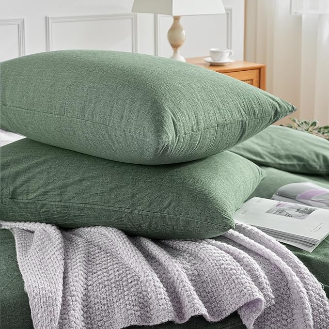 NEXHOME PRO Duvet Cover Queen 100% Washed Cotton, Organic Natural Linen Like Textured, Breathable, Durable, Home Bedding Set, Heathered Green 10490