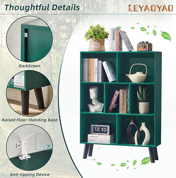 LEYAOYAO Cube Bookshelf 3 Tier Mid-Century Dark Green Modern Bookcase with Legs,Retro Wood Bookshelves Storage Organizer Shelf,Freestanding Open Book Shelves for Bedroom,Living Room,Office