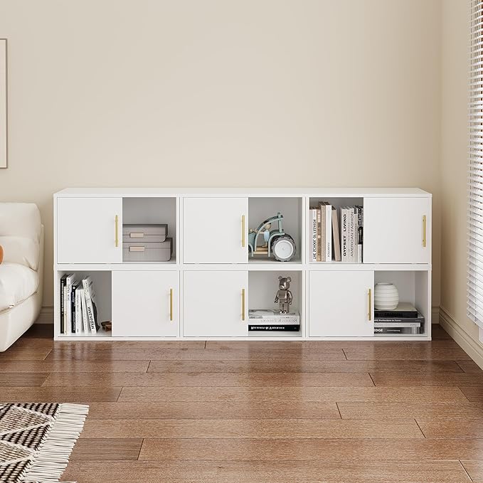 RoyalCraft Cube Storage Organizer with Sliding Door, White Stackable Bookshelf, Modular Cubby Storage System, Wooden Display Shelf for Small Space, Closet, Living Room, Bedroom, Apartment, Dorm