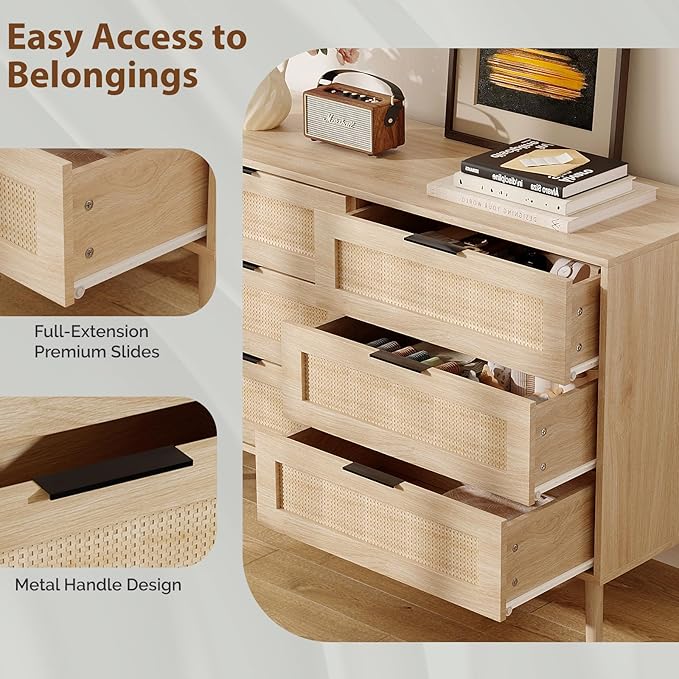 VINGIL 6 Drawer Rattan Dresser, Boho Chest of Dressers, Modern Wooden Dresser with Ample Storage, Rattan Chest of Drawers for Bedroom, Oak