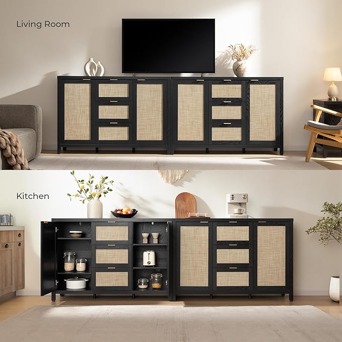 SICOTAS Rattan Large Sideboard Buffet Cabinet with Storage - Farmhouse Boho Coffee Bar Storage Cabinet with 3 Drawers and 2 Doors, Tall Credenza for Living Room, Kitchen, Hallway, Black Oak (2 Pieces)