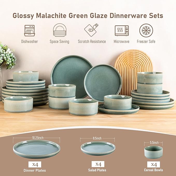 GBHOME 12-Piece Stoneware Dinnerware Set for 4 – Ribbed Ceramic Plates and Bowls, Scratch-Resistant, Microwave & Dishwasher Safe, Reactive Glaze, Malachite Green