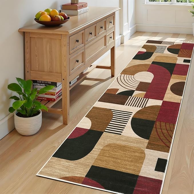 2x8 Runner Rugs, Boho Geometric Print Washable Hallway Runner Long Entryway Rug Soft Low Pile Non-Slip Kitchen Rug Runners for Bedroom Laundry, Burgundy/Brown Multi, 2'x8'