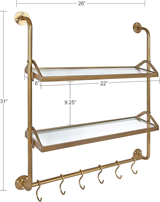 Kate and Laurel Marit Modern Industrial Wall Shelf with Metal Pipe Supports and Glass Shelves, Gold