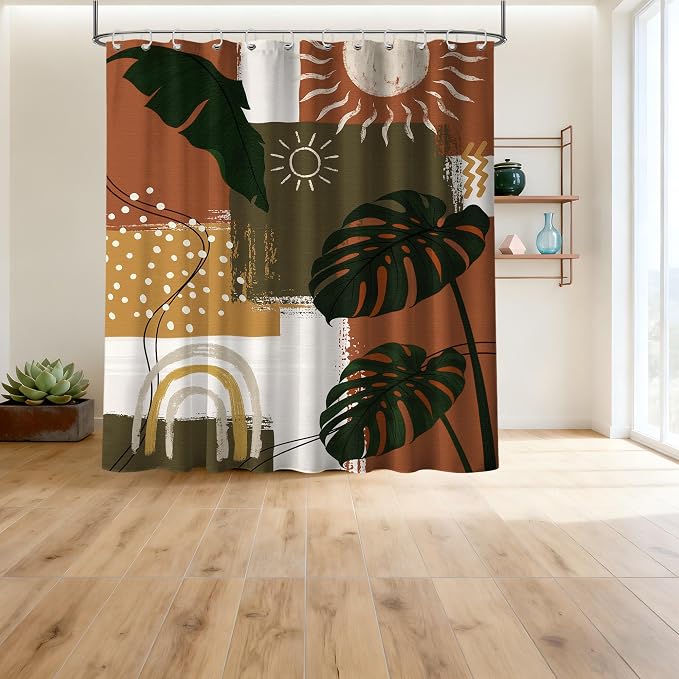 Mid Century Modern Shower Curtain Boho Abstract Tropical Leaf Shower Curtains for Bathroom Decor Sets, Waterproof Cloth Fabric with Hooks, 72x84 Inch