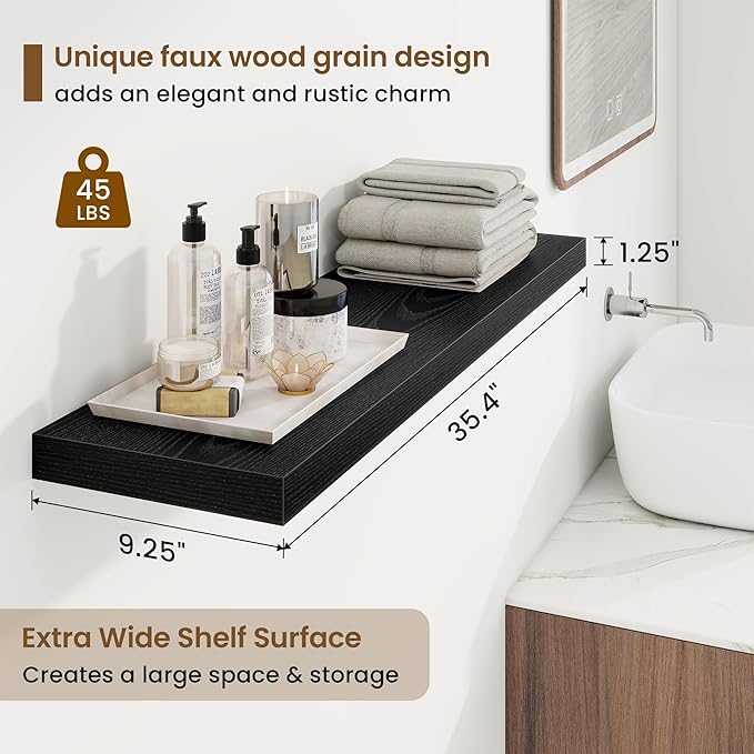 36in Floating Shelves for Wall, 36"W x 9.25"D x 1.25"H, 2 Pack Long Wall Mounted Engineered Wood Shelves with Invisible Brackets for Living Room, Bedroom, Bathroom, Kitchen Decor and Storage, Black