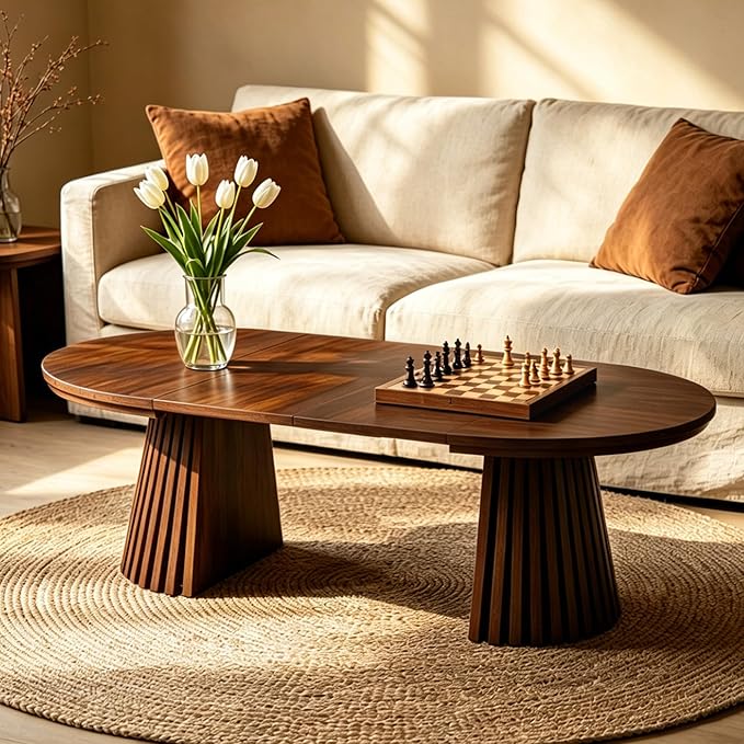 SSLine Extendable Coffee Table, 31.5"-55.1" Round to Oval Walnut Wooden Coffee Table with Fluted Base, 3 Adjustable Lengths, Space Saving Center Tables for Living Room Small Space